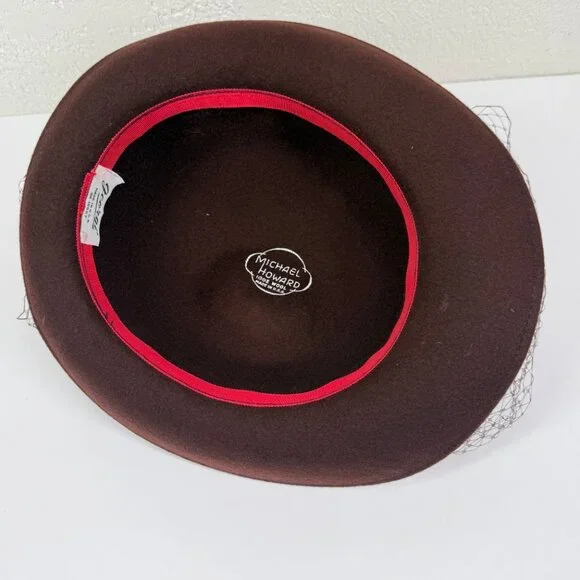 Vintage Georgi Brown Felt Hat Satin Bow Netting Accent Made in USA - Picture 4 of 8